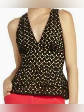 Y2K BCBG Max Azria Karlie Halter V-Neck Peplum Eyelet Top In Black/Nude Size S